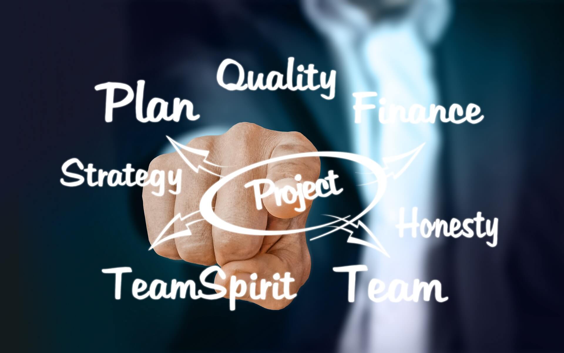 Man pointing to some business words (quality, finance, honesty, team, team spirit, strategy and plan